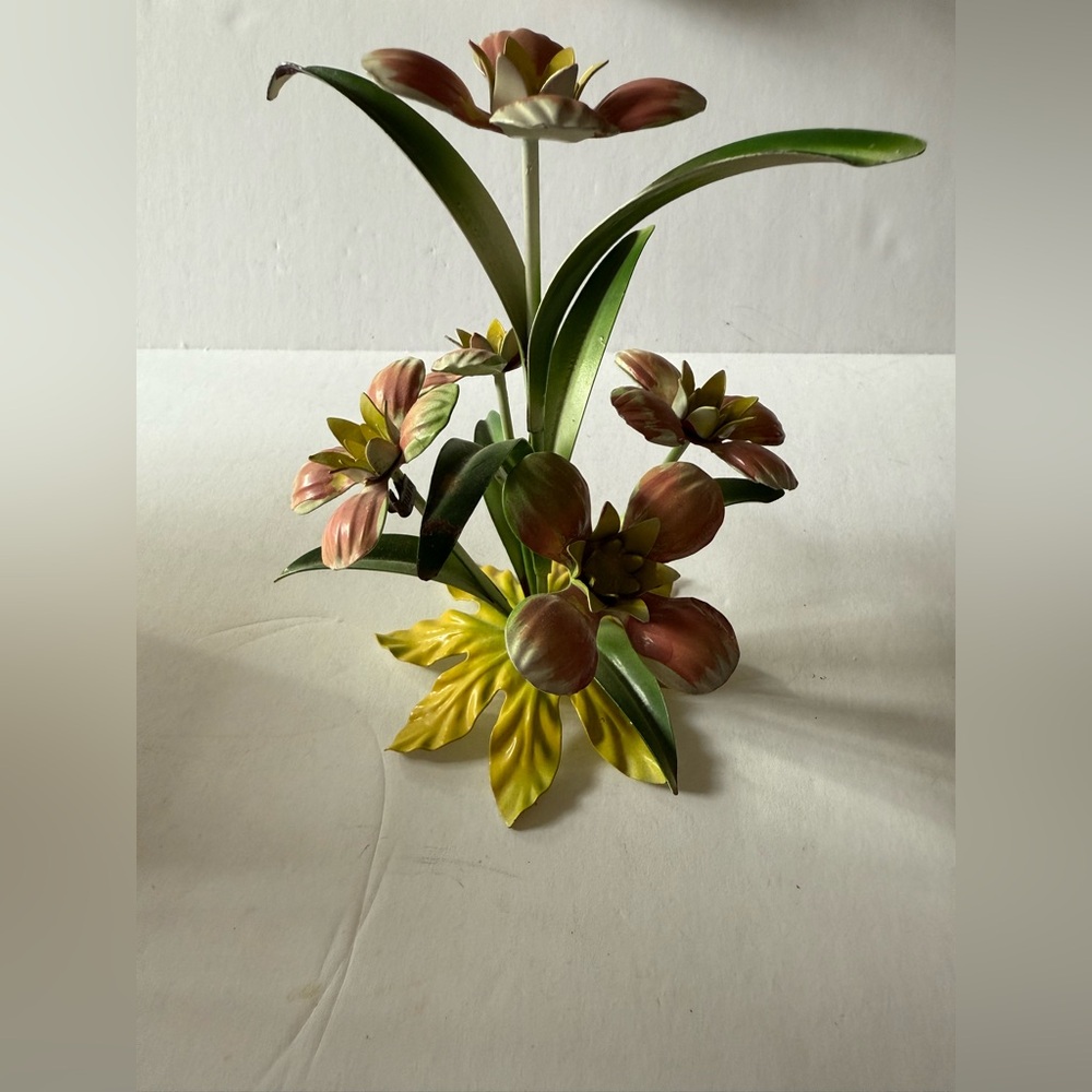 Vintage Antique MCM Tole Floral Flower Arrangement, Pink Yellow 7.5” x 4.5”